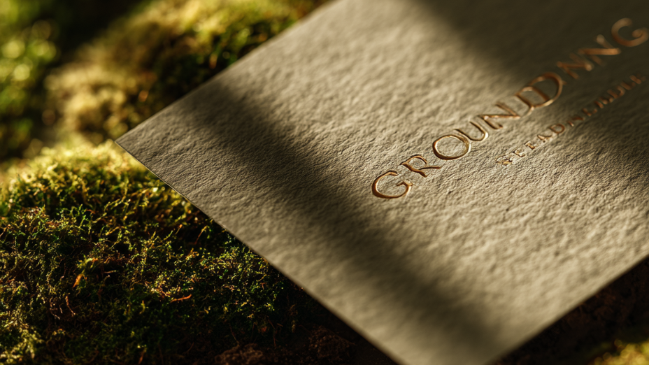 Close-up of a textured card embossed with “GROUNDING” resting on moss and soil in warm, dappled light.