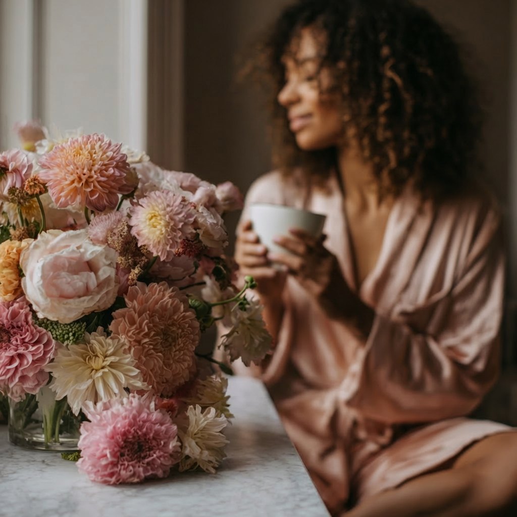 Woman in a blush robe sits by a window holding a cup, with a lush bouquet of pastel flowers in the foreground on a marble table.
