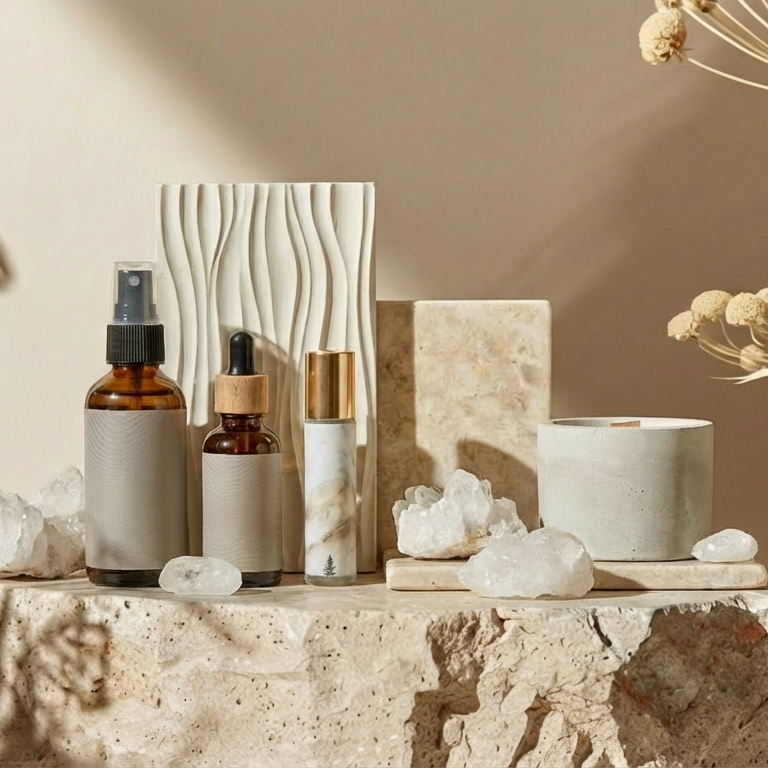 Minimalist ritual setup with an amber spray bottle, dropper bottle, roller vial, and a candle arranged on stone with clear crystals and textured tiles in warm sunlight.