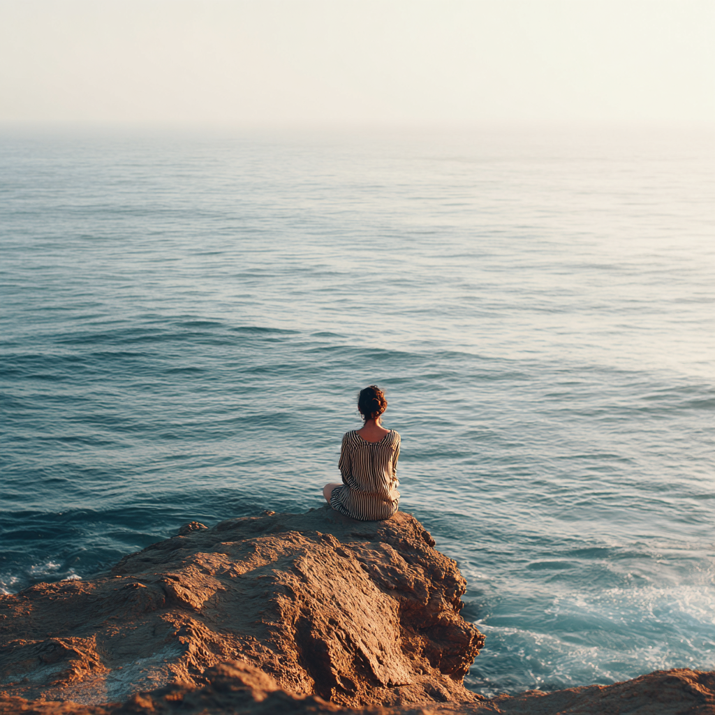 Person sits cross-legged on a rocky cliff edge, facing a calm blue ocean stretching to a hazy horizon in soft morning light.