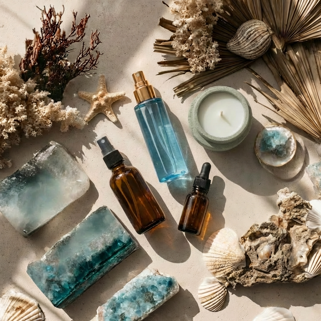 Sunlit flat lay of sea-inspired ritual items: blue glass bottle, amber dropper and spray bottles, a small candle, seashells, starfish, dried botanicals, and blue-green stone pieces on a warm sand-toned surface.