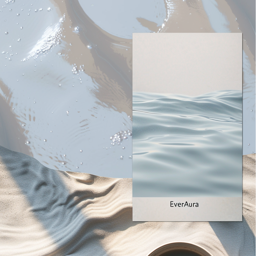 Minimal ocean-inspired artwork showing soft blue waves on a card labeled “EverAura,” set against shimmering water and sunlit sand with rippled textures.