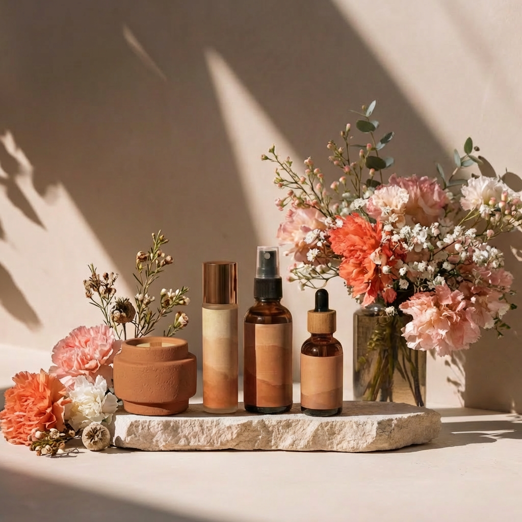 A warm-toned ritual set of amber bottles and a clay jar arranged on a stone slab, framed by pink and coral flowers in soft sunlight and shadow.