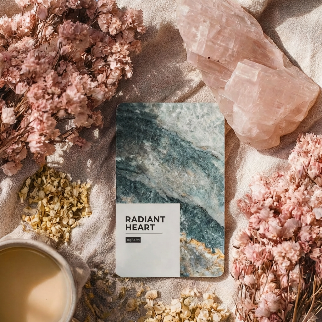 Flat lay of the “Radiant Heart” card on soft sand, surrounded by pink dried flowers, scattered botanicals, a pale crystal, and a cup with a warm-toned drink.