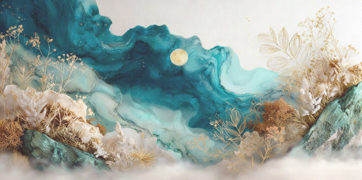 Ever Aura calming ocean-healing with soothing teal washes, gentle mist, and a soft golden moon.