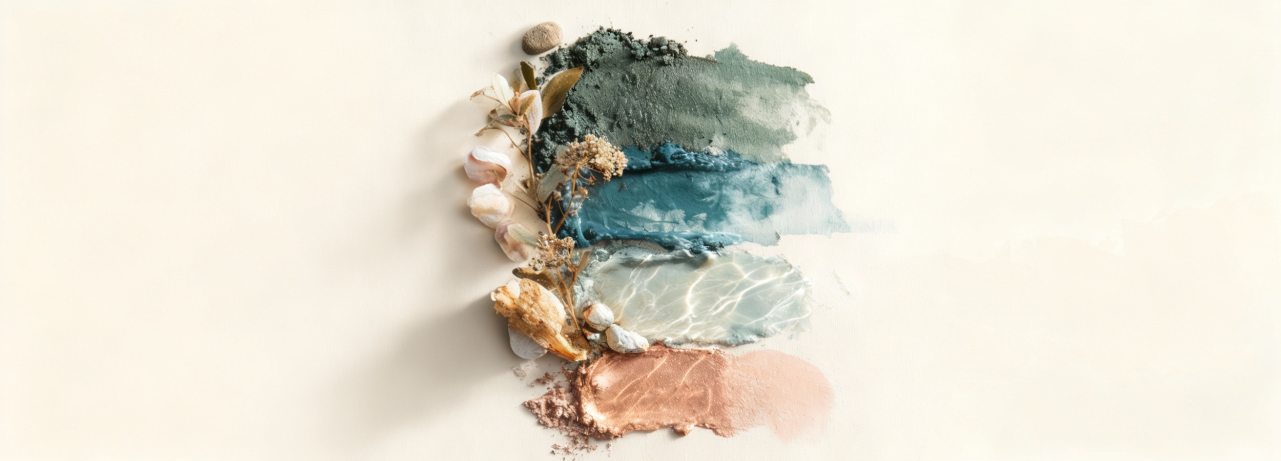 Layered swatches of mineral-inspired colors with shells and dried botanicals, representing Ever Aura rituals: Grounding (stability & focus), Ocean Healing (release & renewal), Moon Water (energy & intuition), and Radiant Heart (self-love & attraction).