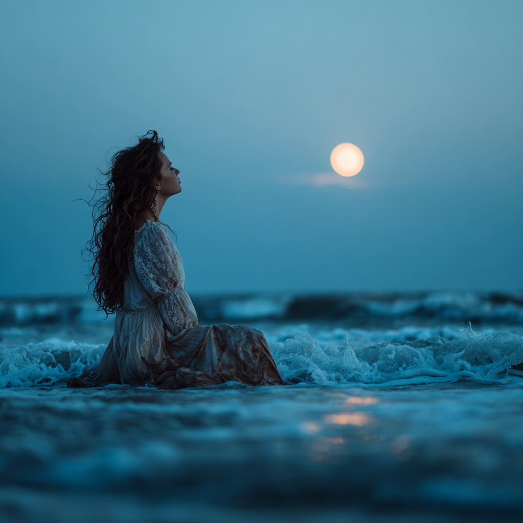 A woman in a flowing dress kneels at the shoreline at dusk, gazing toward a glowing full moon above rolling waves, evoking moonlit ritual, intuition, and renewal.