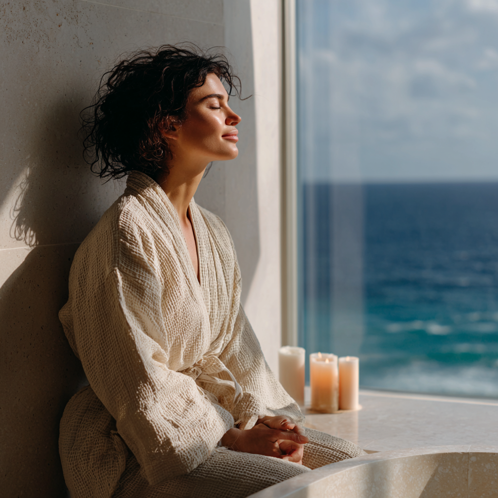 A woman in a textured robe sits with eyes closed beside a bathtub, sunlight on her face, with lit candles and a large window overlooking the ocean, evoking calm, release, and self-care ritual.