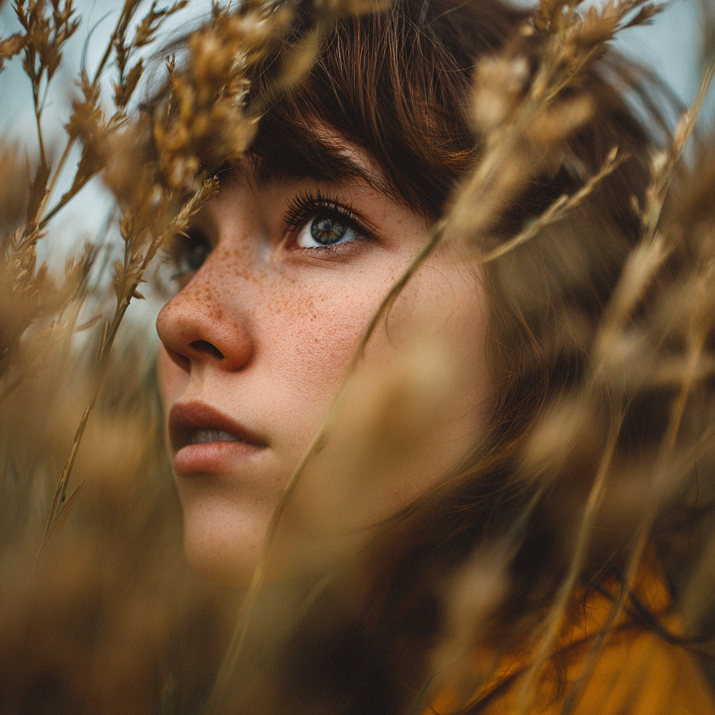 Close-up of a woman’s face framed by golden grasses, eyes looking upward with a calm, reflective expression, evoking gentle presence, intuition, and grounding.