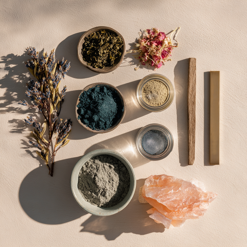 Sunlit flatlay of an Ever Aura ritual set with dried lavender and rose petals, bowls of green, teal, and gray mineral powders, small glass jars of pigment, a wooden stick, an incense pack, and a pink crystal—evoking calm, grounding, and renewal.