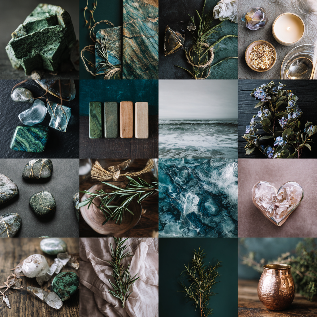 A multi-image Ever Aura moodboard featuring green minerals and stones, ocean waves, candlelight, herbs and botanicals, earthy textures, and a crystal heart—representing grounding stability, ocean cleansing, moonlit intuition, and radiant self-love.