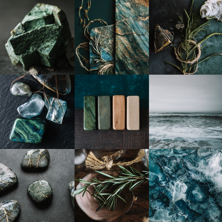 A multi-image Ever Aura moodboard featuring green minerals and stones, ocean waves, candlelight, herbs and botanicals, earthy textures, and a crystal heart—representing grounding stability, ocean cleansing, moonlit intuition, and radiant self-love.