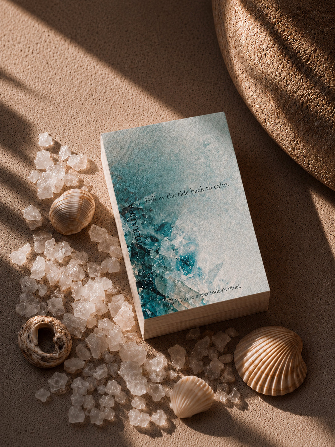 EverAura Ocean Healing ritual card from the Four Energies Set, Follow the tide back to calm, styled with sea salt and shells. A one minute nature meditation and scent card.