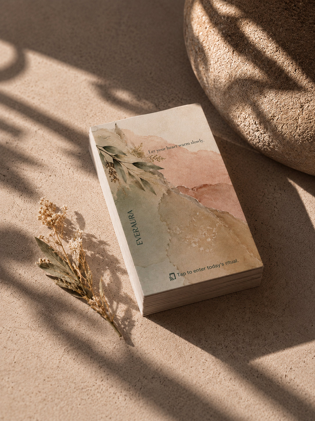 EverAura Radiant Heart ritual card from the Four Energies Set, Let your heart warm slowly, styled with dried flowers. A one minute nature meditation and scent card.