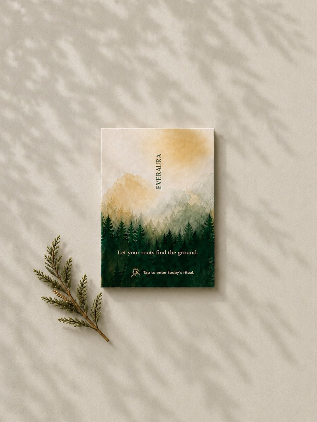 EverAura Grounding ritual card, Let your roots find the ground, a forest and golden light design resting on soft paper with a cedar sprig. A grounding nature meditation scent card.