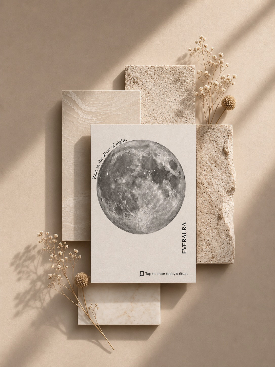 EverAura Moon Water ritual card, Rest in the silver of night, a full moon design styled on stone with dried flowers. A one minute evening nature meditation and scent card.
