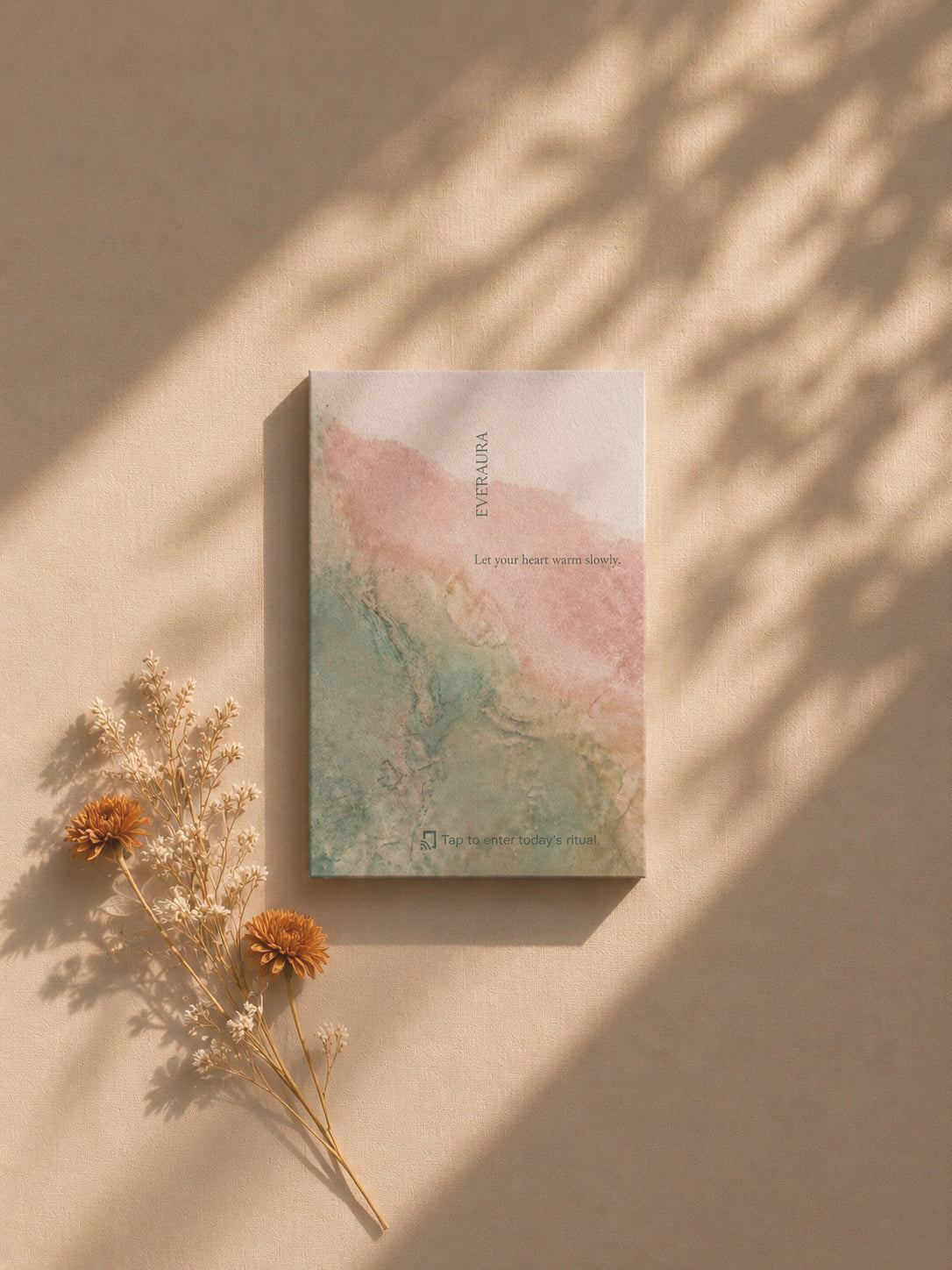 EverAura Radiant Heart ritual card, Let your heart warm slowly, a blush and teal design styled with dried flowers in soft sunlight. A daily nature meditation and scent card.
