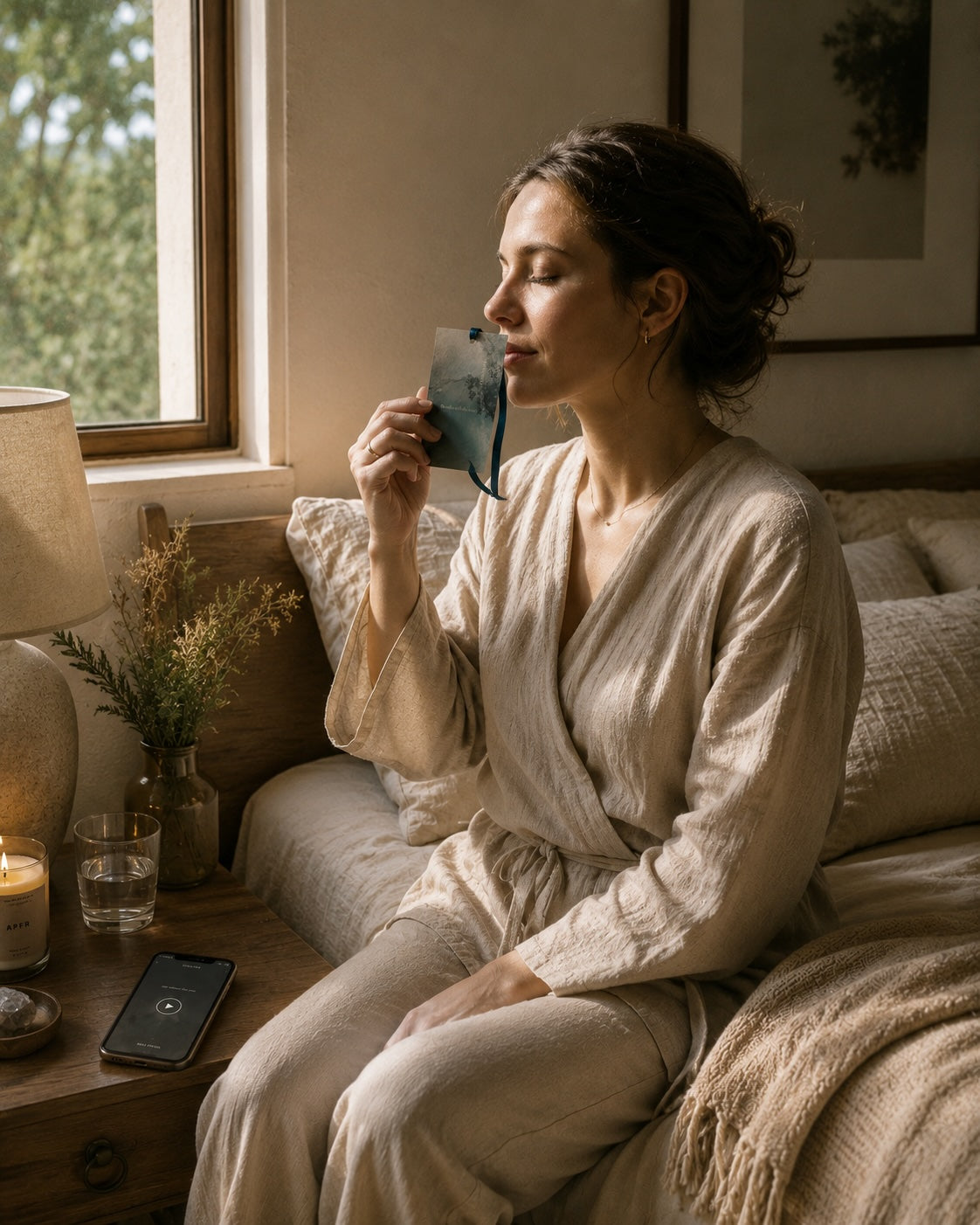 Woman breathing in the scent of an EverAura Ocean Healing ritual card in bed at golden hour. A one minute nature meditation and scent card for calm and release.