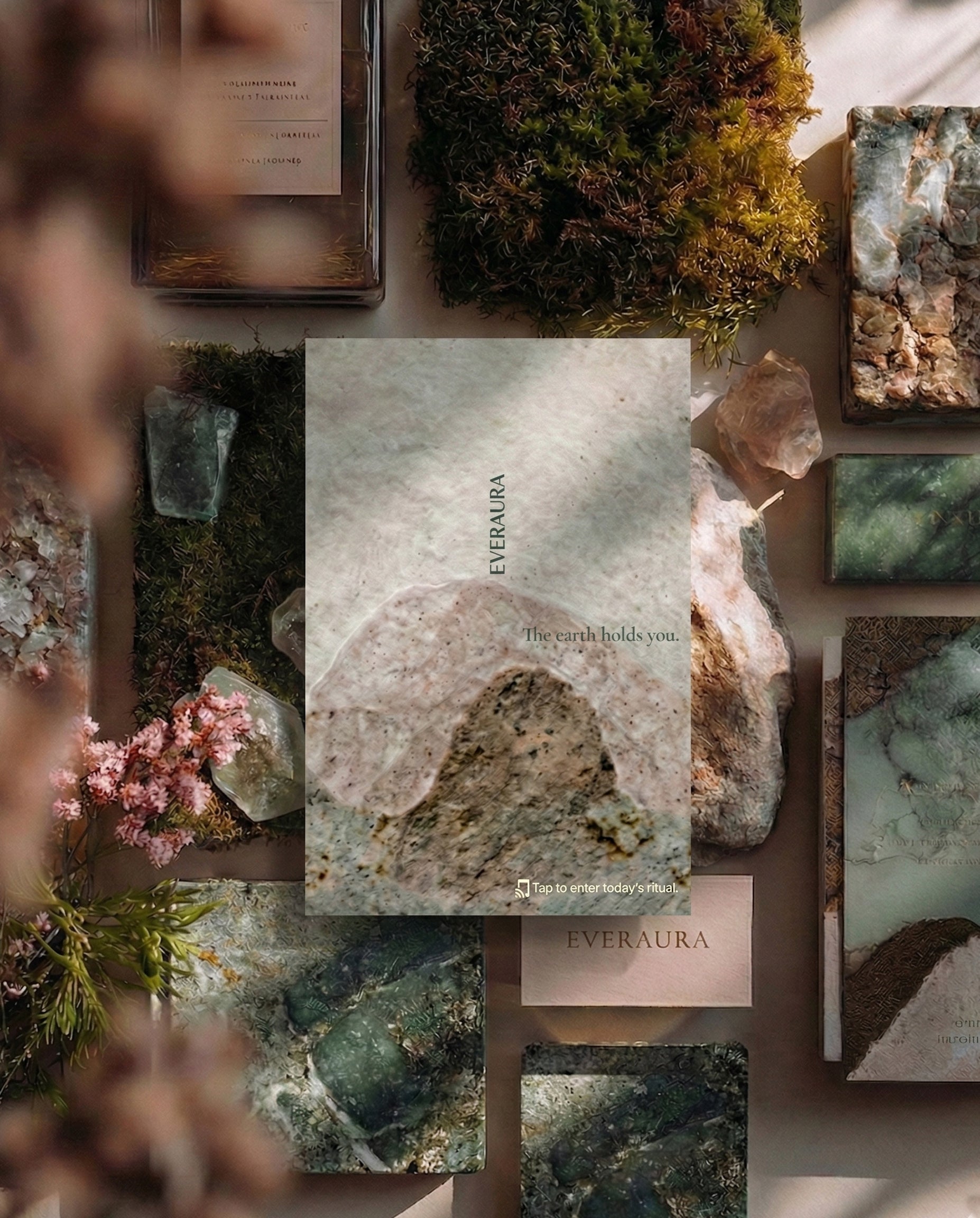 EverAura Grounding Scent Card with embedded NFC — the scent of sage and earth. Tap to enter the Grounding Daily Ritual: a guided meditation, a nature soundscape, and a daily energy card draw.