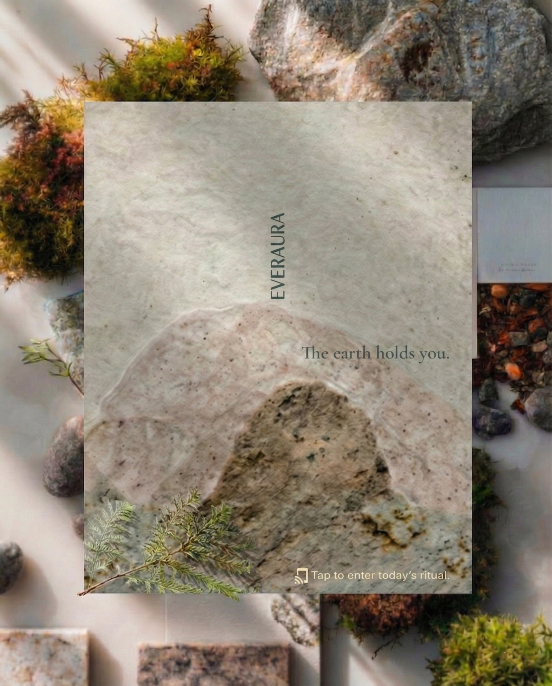 EverAura Grounding Scent Card with embedded NFC — the scent of sage and earth. Tap to enter the Grounding Daily Ritual: a guided meditation, a nature soundscape, and a daily energy card draw.