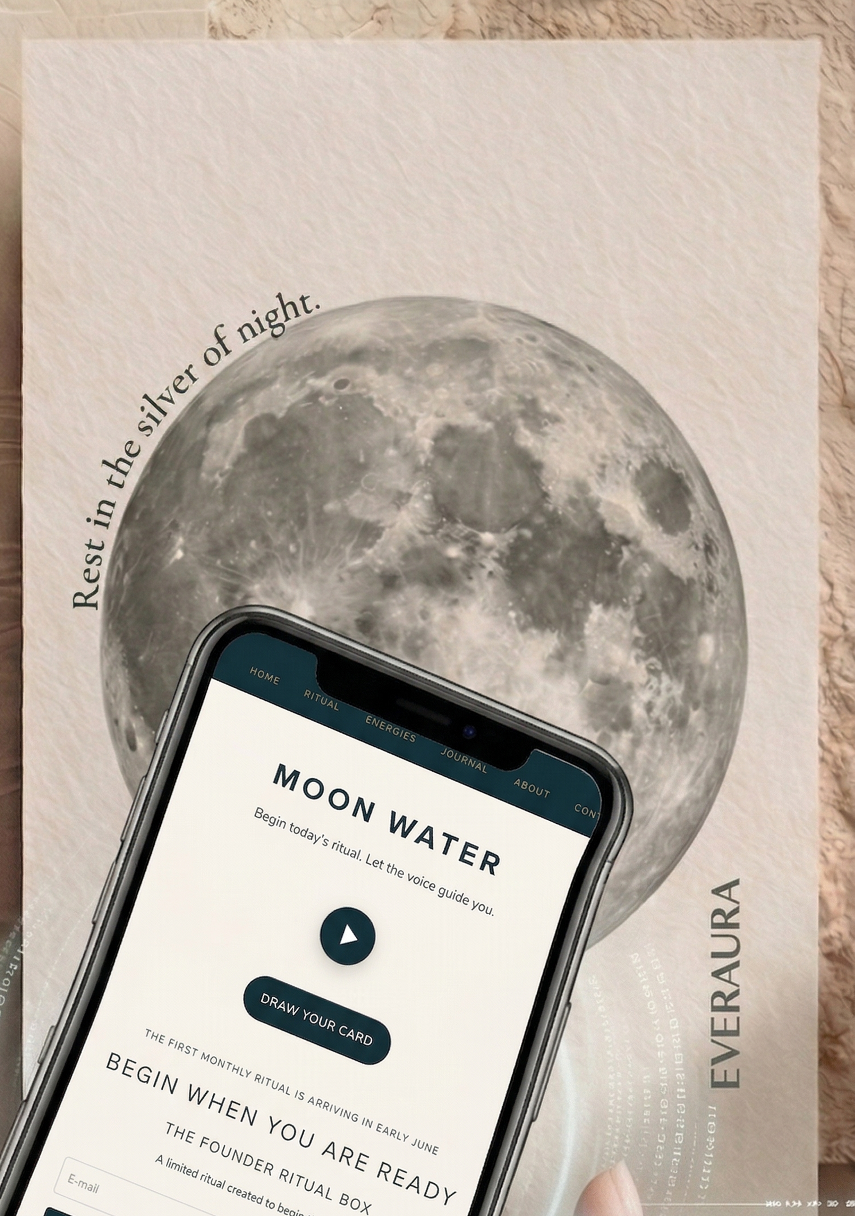 EverAura Moon Water Scent Card with embedded NFC — the scent of moonlit water and soft florals. Tap to enter the Moon Water Daily Ritual: a guided meditation, a nature soundscape, and a daily energy card draw.