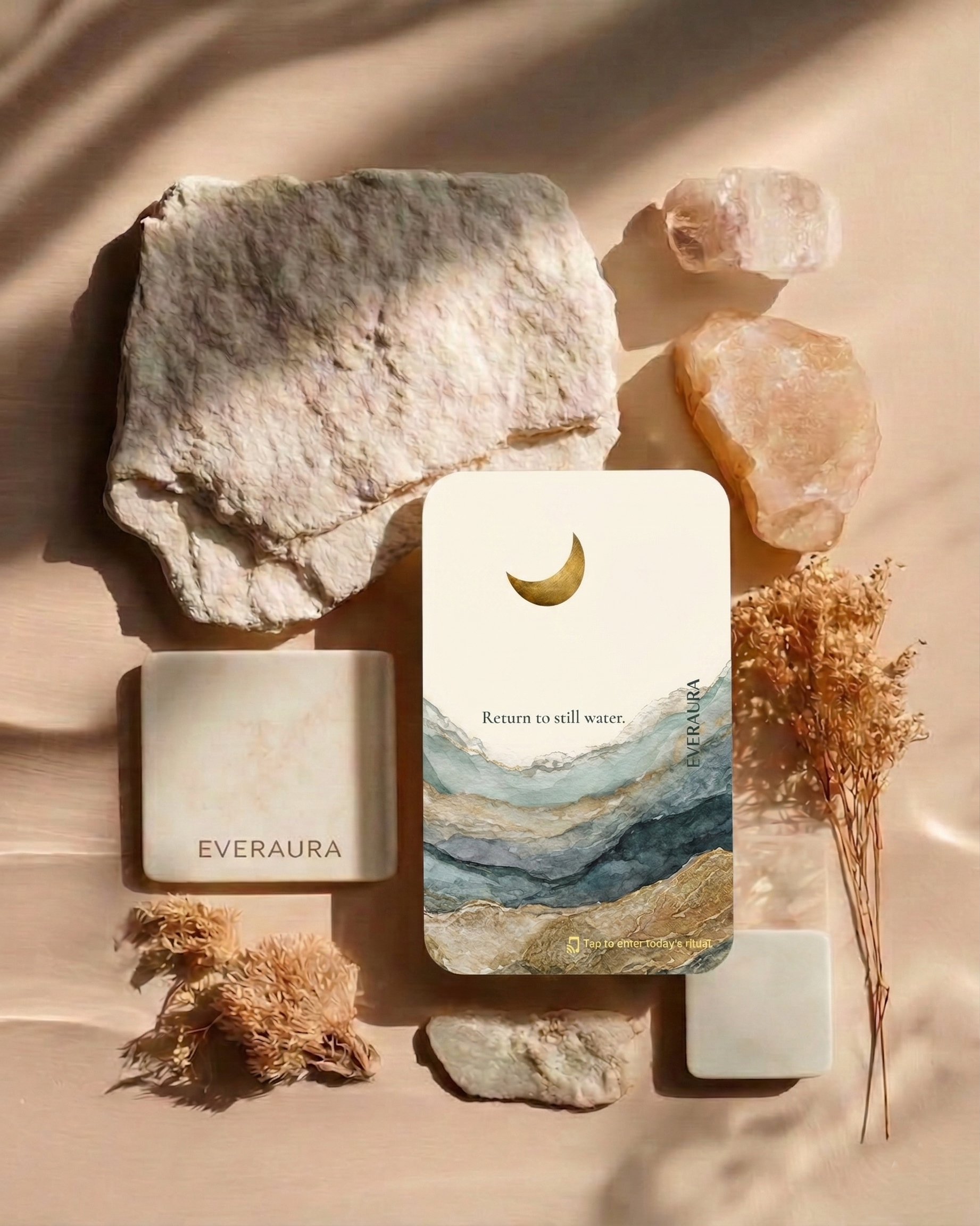 EverAura Moon Water Scent Card with embedded NFC — the scent of moonlit water and soft florals. Tap to enter the Moon Water Daily Ritual: a guided meditation, a nature soundscape, and a daily energy card draw.