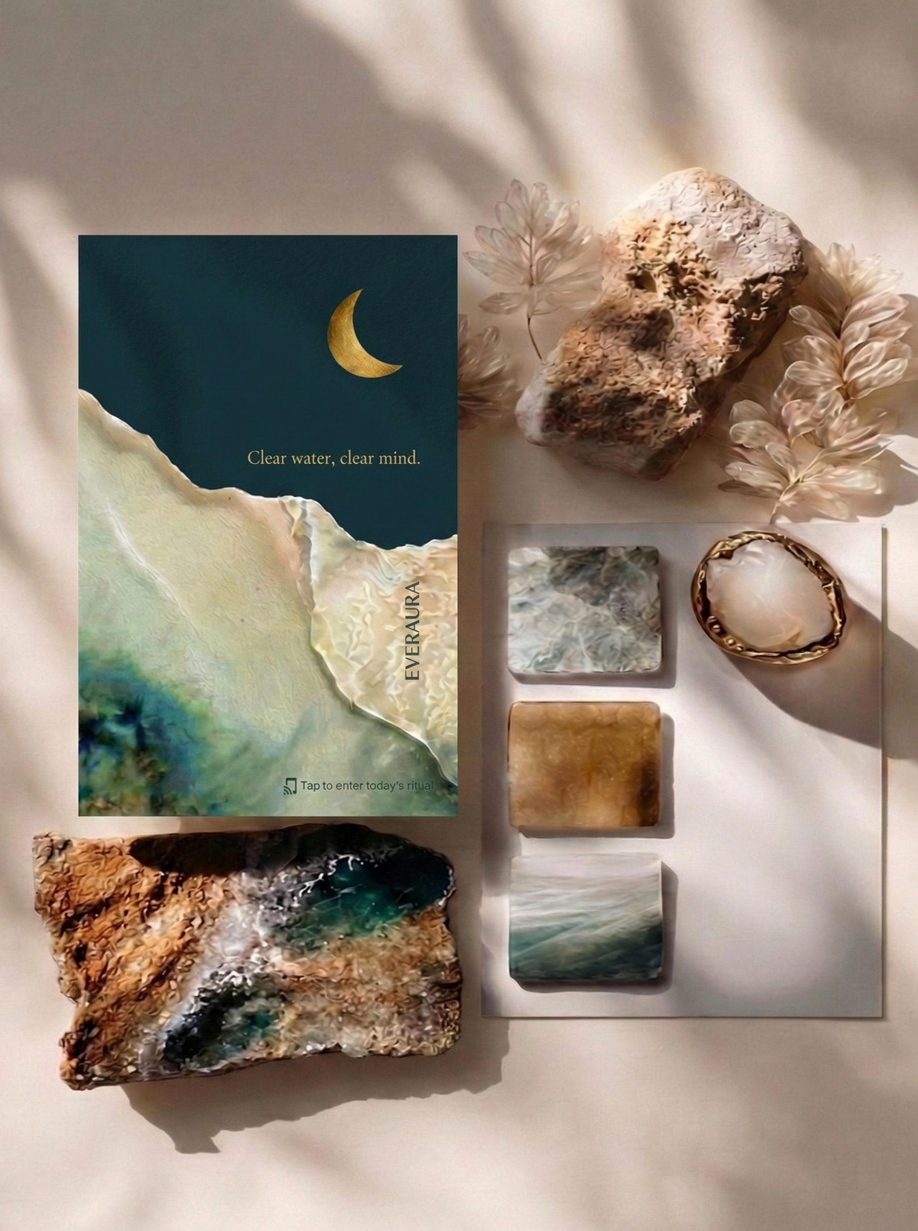 EverAura Moon Water Scent Card with embedded NFC — the scent of moonlit water and soft florals. Tap to enter the Moon Water Daily Ritual: a guided meditation, a nature soundscape, and a daily energy card draw.