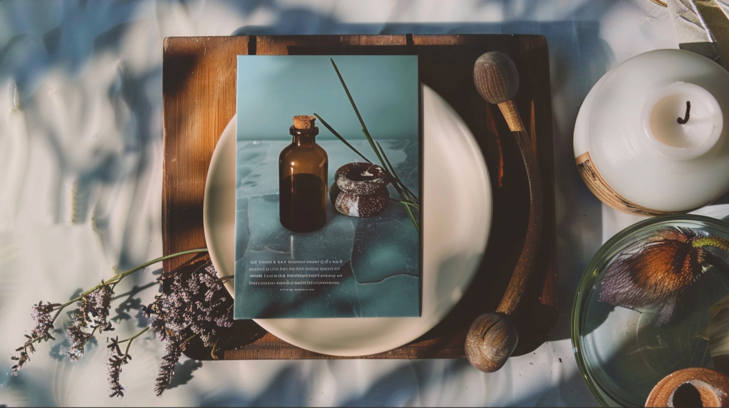 Flat lay of a ritual-inspired setting: an amber glass bottle and small bowl on a teal card placed over a white plate on a wooden tray, with a white candle, a small wooden mallet, dried flowers, and a glass jar in dappled sunlight.