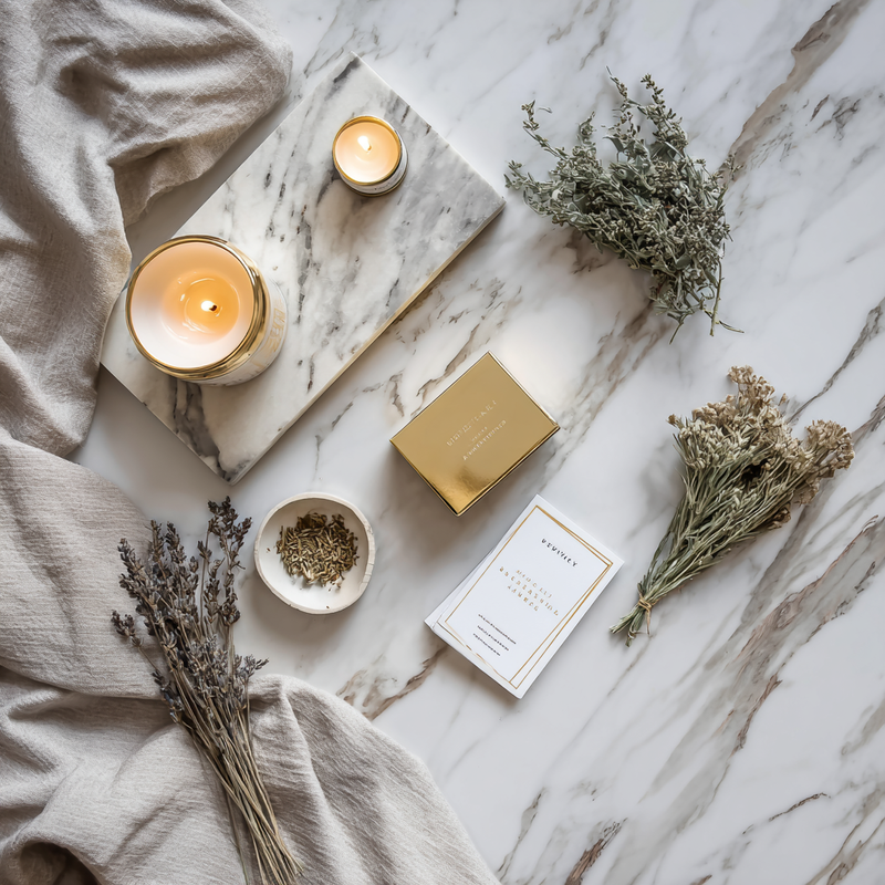 Flat lay on a white marble surface with two lit candles on a marble tray, dried herb bundles, a small dish of herbs, and EverAura boxes arranged in soft natural light.