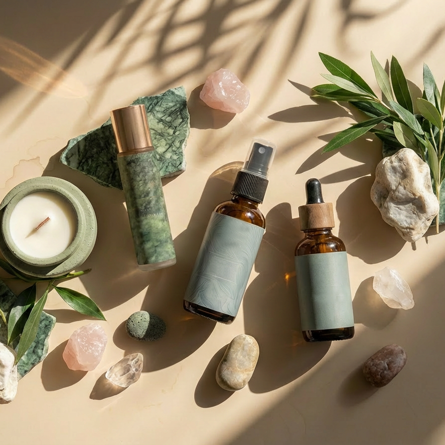 Flat lay of a candle, a green stone roller bottle, a spray bottle, and a dropper vial arranged with crystals, pebbles, and leafy sprigs in warm sunlight.