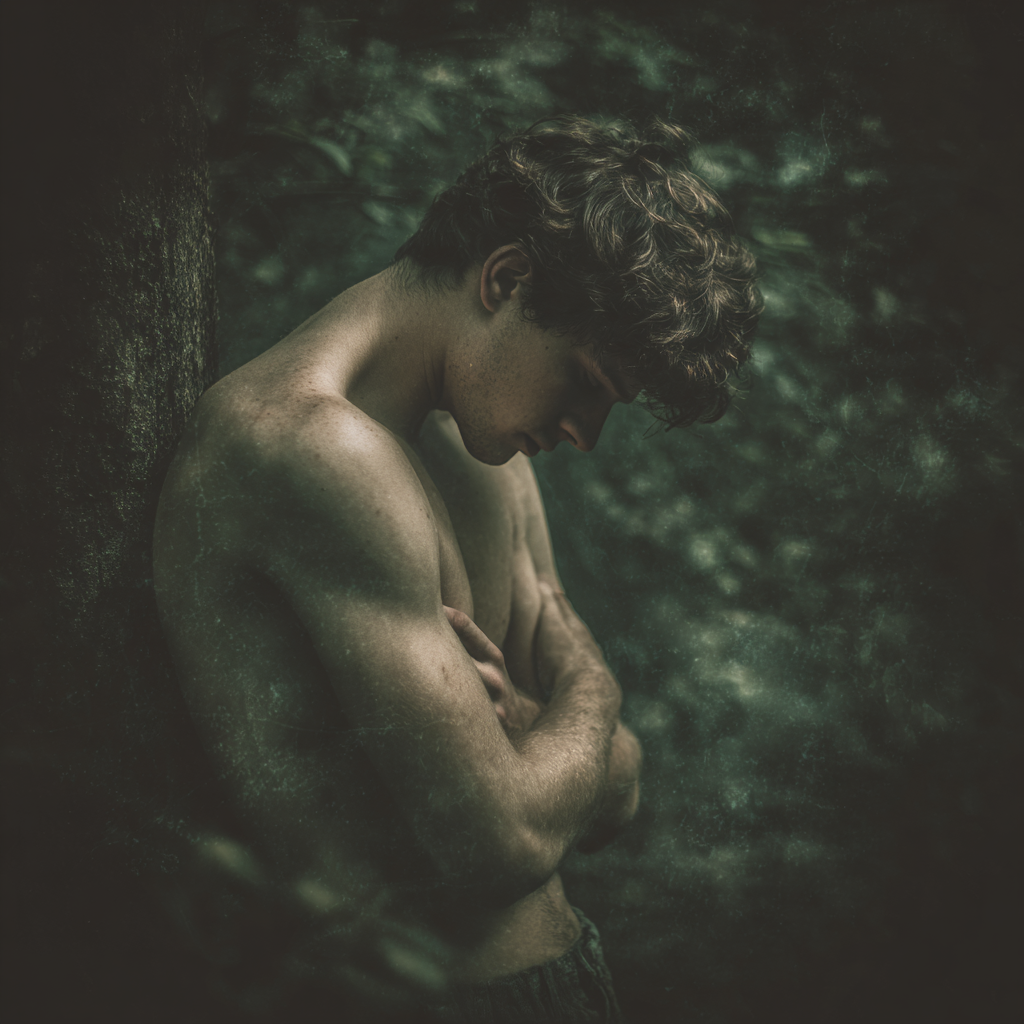 Young man stands in a shadowy forest with arms folded and head bowed, surrounded by soft, blurred greenery.
