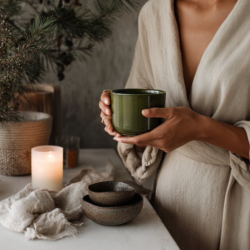 Person in a light robe holds a green ceramic cup beside a lit candle, linen cloth, and small bowls on a calm tabletop.