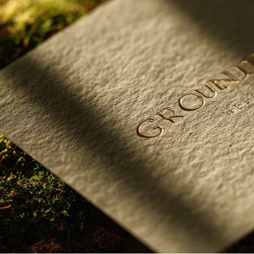 Close-up of a textured card embossed with “GROUNDING” resting on moss and soil in warm, dappled light.