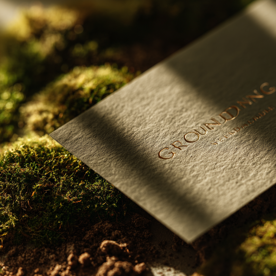 Close-up of a textured card embossed with “GROUNDING” resting on moss and soil in warm, dappled light.