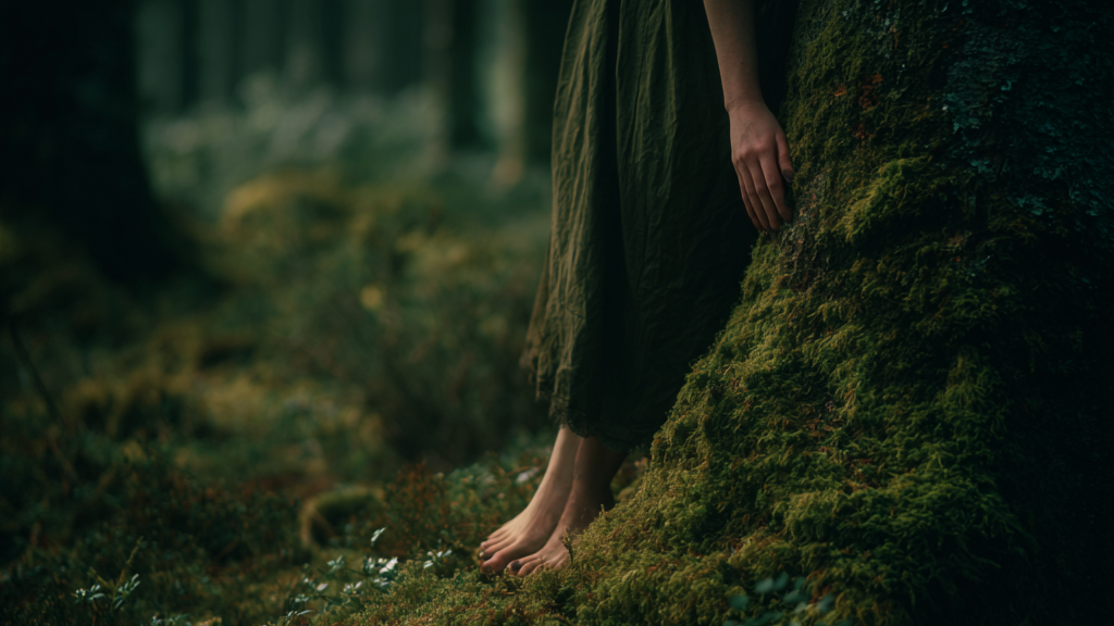 Bare feet and a hand rest against a moss-covered tree in a quiet forest, with soft green light and blurred woodland in the background.