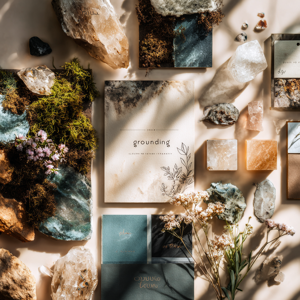 Flat lay of EverAura’s “grounding” ritual set with a central booklet, moss, crystals, stone tiles, and dried flowers arranged in warm sunlight and soft shadows.