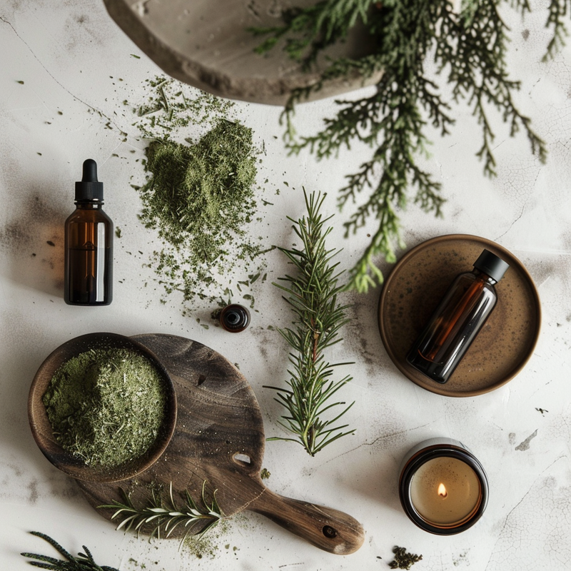  Flat lay of amber glass bottles, a lit candle, and bowls of green herbal powder on a marble surface with scattered herbs and fresh rosemary sprigs.