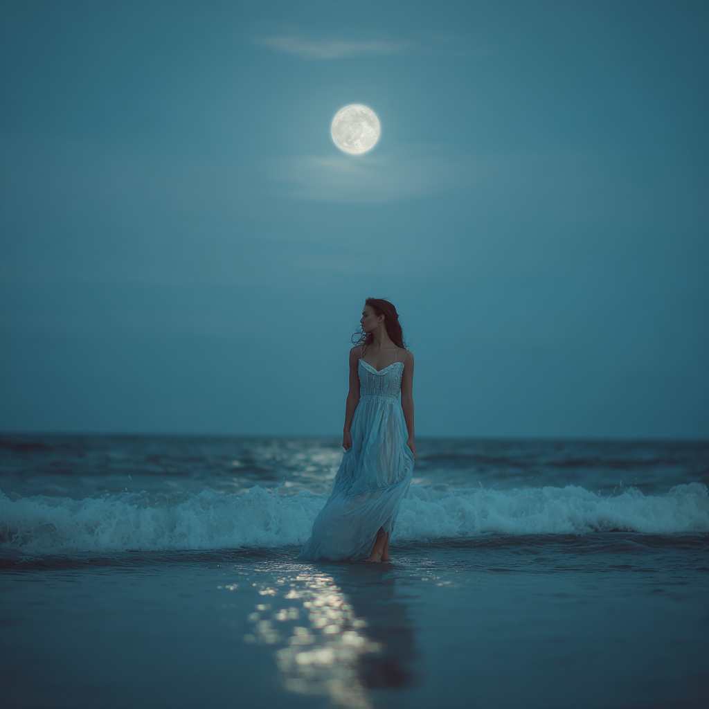 Woman in a flowing white dress stands barefoot at the shoreline under a bright full moon, with gentle waves behind her and moonlight reflecting on wet sand.