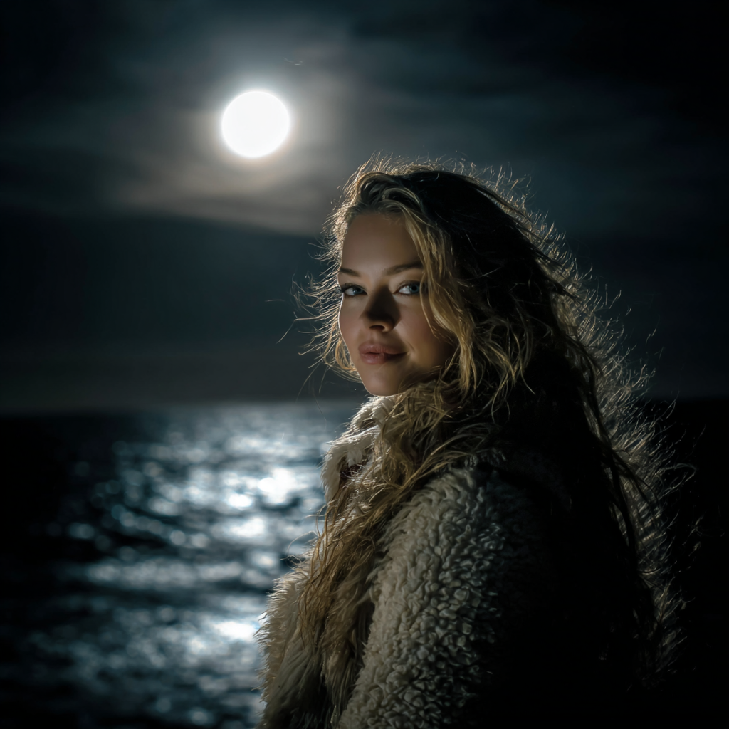 Woman with windblown hair stands by the ocean at night, looking toward the camera as a bright full moon glows above shimmering water.