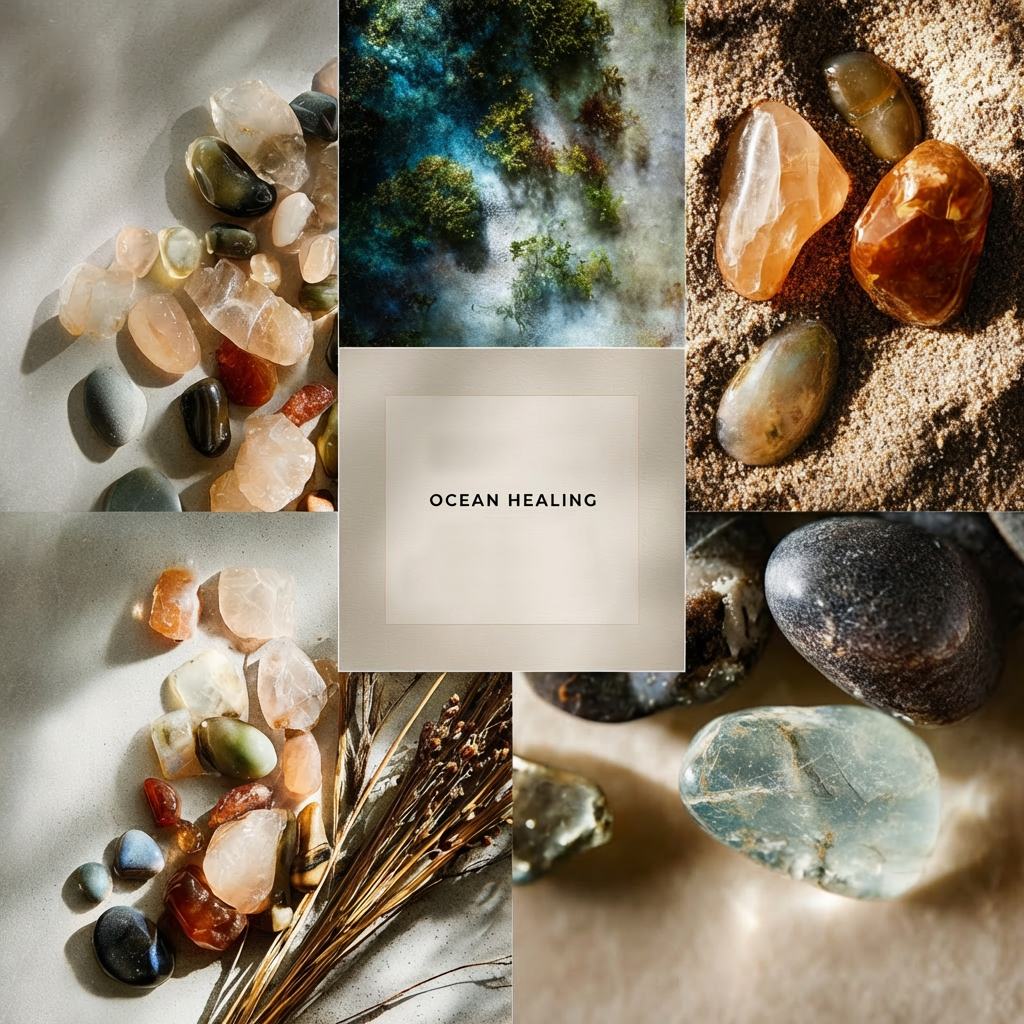 Collage of ocean-toned textures and sea-worn stones with the centered “OCEAN HEALING” card, surrounded by crystals, sand, and natural elements in soft light.