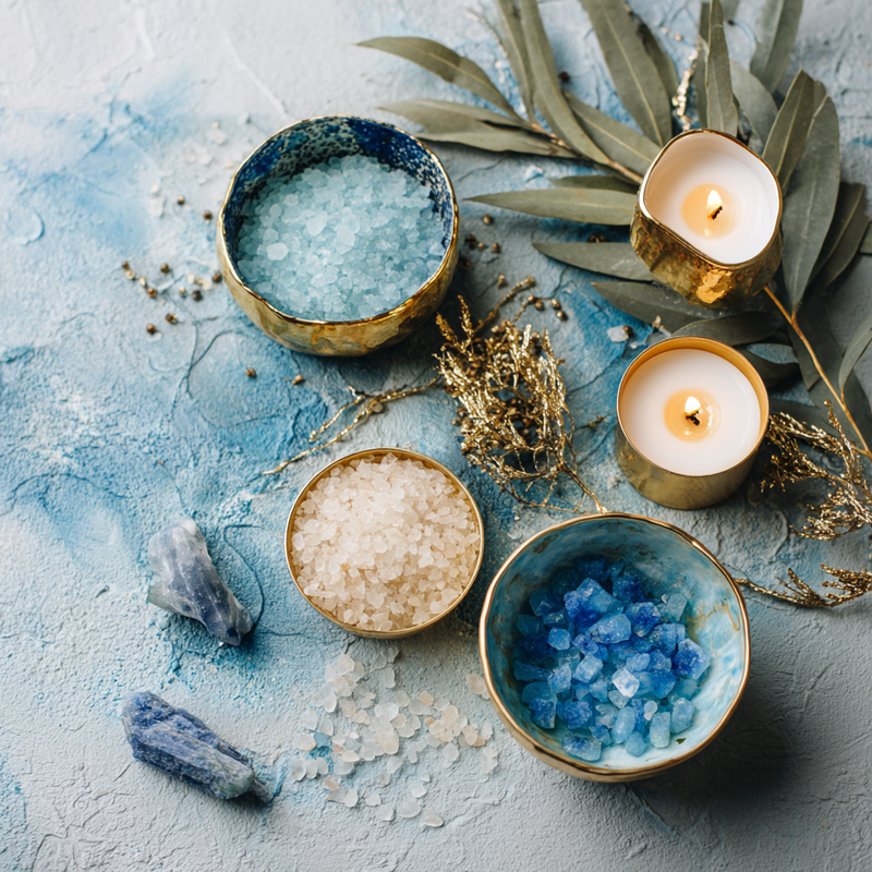 Flat lay of blue and white mineral salts in gold-rimmed bowls with two lit candles, eucalyptus leaves, and small stones on a textured ocean-blue surface.