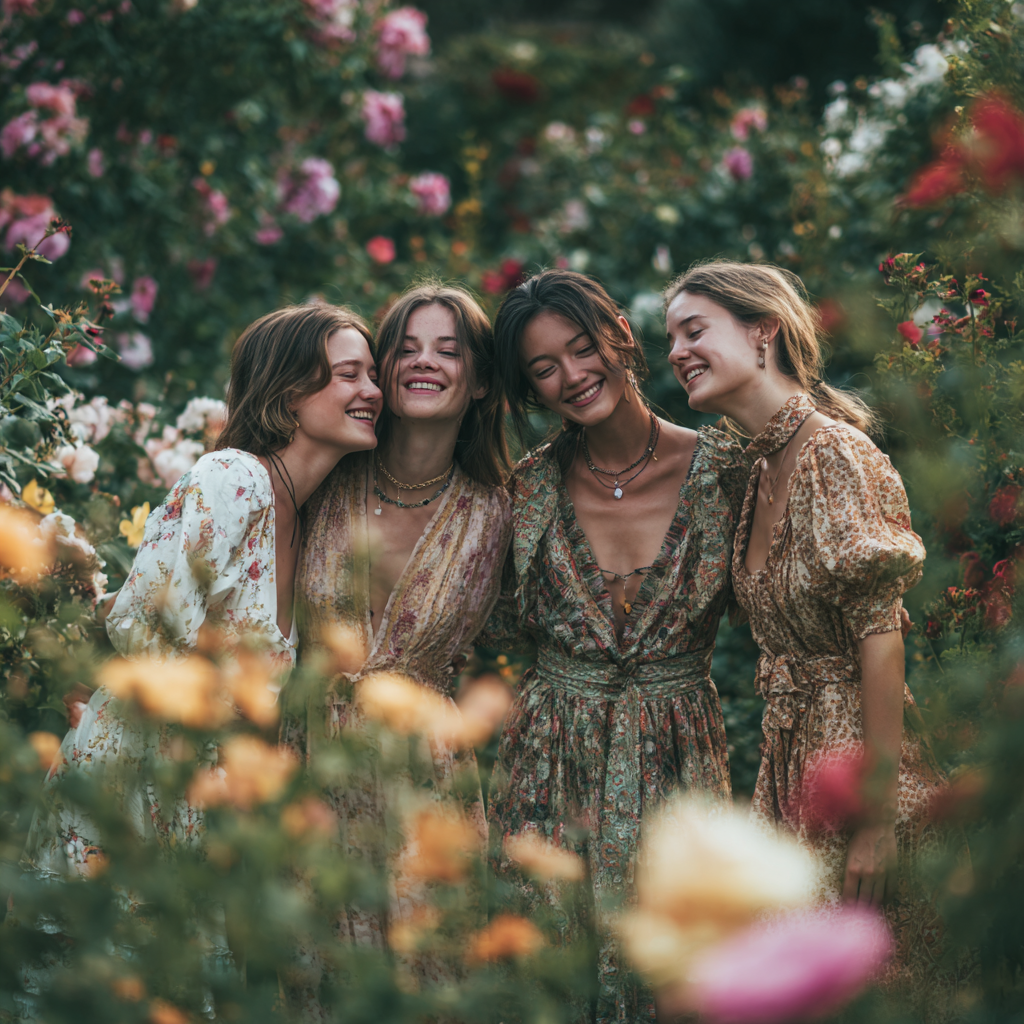 Four women in floral dresses stand close together in a lush rose garden, smiling and leaning into one another among soft pink and yellow blooms.