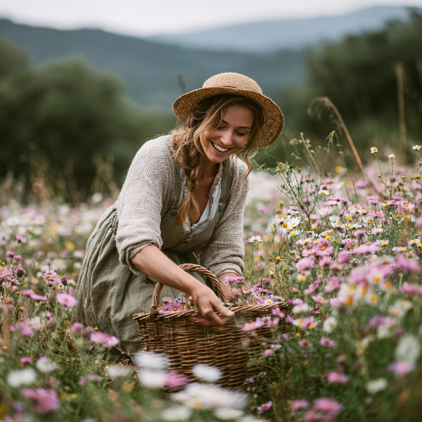 A smiling woman in a straw hat gathers wildflowers into a wicker basket in a blooming meadow, with soft green hills in the background.