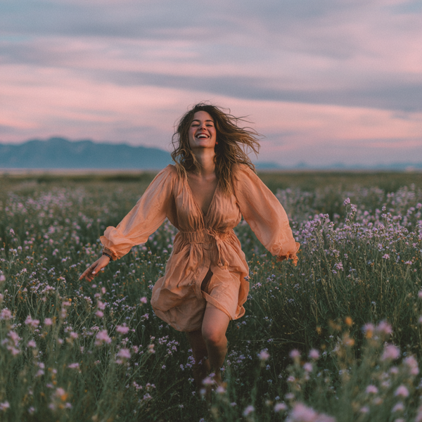 A smiling woman in a flowing peach dress runs through a field of wildflowers at sunset, with distant mountains and a pink-streaked sky behind her.
