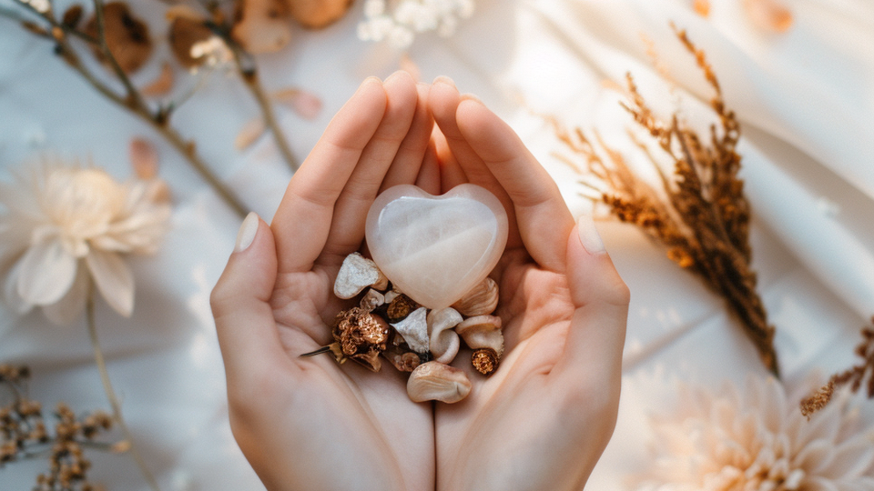 Two cupped hands hold a translucent heart-shaped stone and small crystals, surrounded by soft flowers and dried botanicals in warm light.