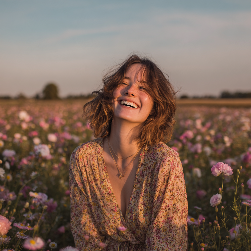 A smiling woman in a floral dress laughs in a field of pink wildflowers at golden hour, with a soft sky and distant horizon behind her.