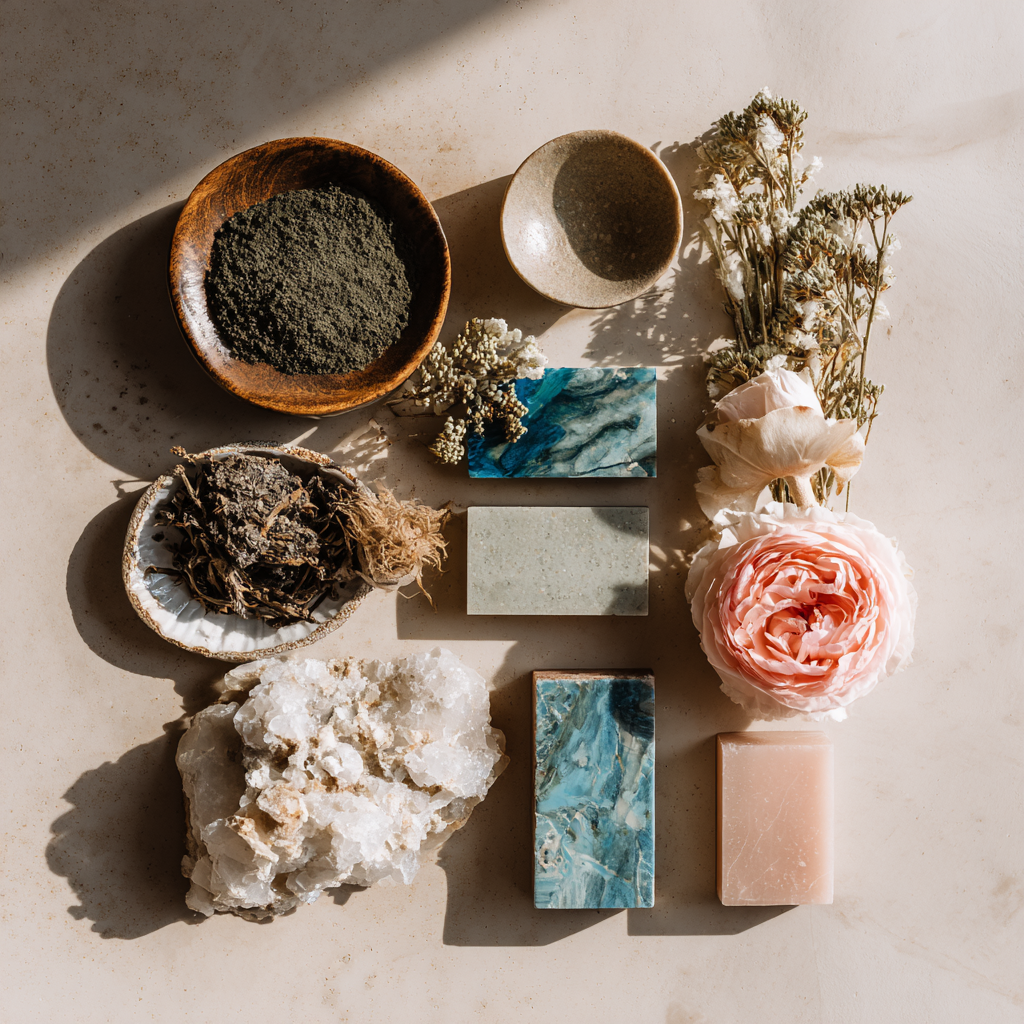 Sunlit flat lay of ritual elements including a bowl of dark powder, dried herbs, ceramic dish, crystals, botanical sprigs, and blush roses beside marble-like stones on a warm neutral surface.