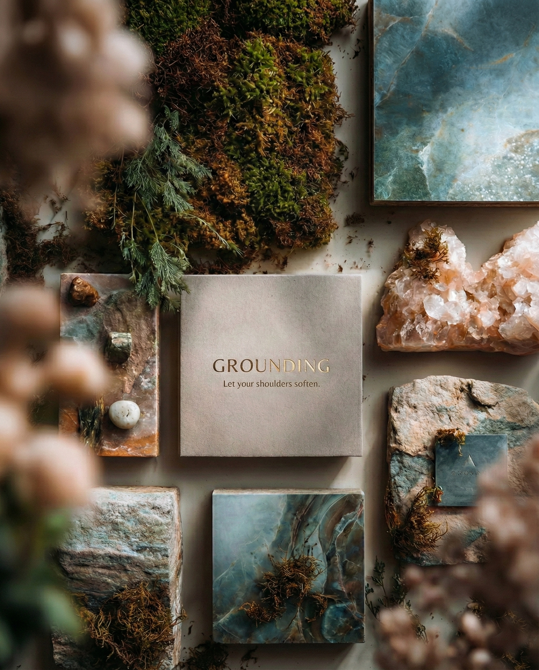 Flat lay of The Founding Ritual Box with “GROUNDING” booklet centered, surrounded by moss, crystals, and stone-textured boxes in earthy green and mineral tones.