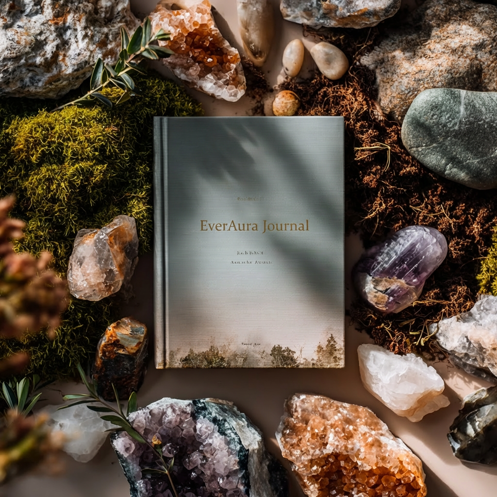A hardcover “EverAura Journal” lies centered among moss, soil, crystals, and stones, lit by soft natural light.