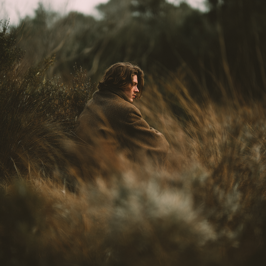 A man wrapped in a warm coat sits among windswept grasses and coastal shrubs, looking off to the side, evoking solitude, grounding, and restful reflection.